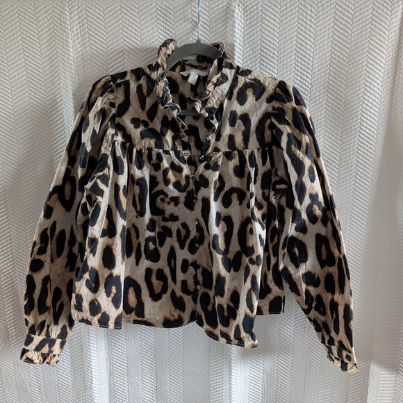 H&M Ruffle Leopard Print Blouse High Collar Oversized Crop Size Small - Picture 1 of 15